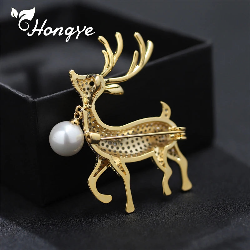 Hongye Deer Pearl Brooch Gold/Silver Animal Pin