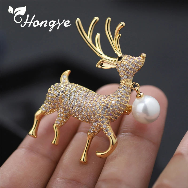 Hongye Deer Pearl Brooch Gold/Silver Animal Pin