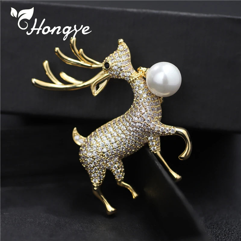 Hongye Deer Pearl Brooch Gold/Silver Animal Pin