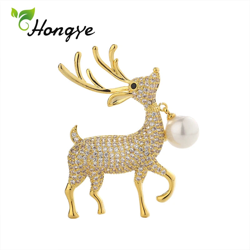 Hongye Deer Pearl Brooch Gold/Silver Animal Pin