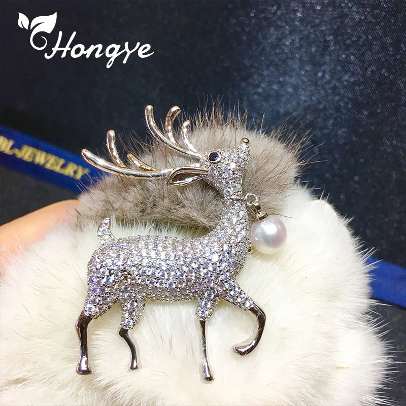 Hongye Deer Pearl Brooch Gold/Silver Animal Pin