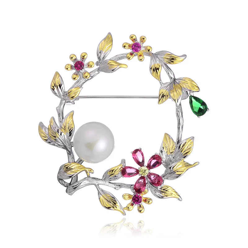 Freshwater Pearls Brooch CZ Garland Pins Vintage Style Fine Jewelry