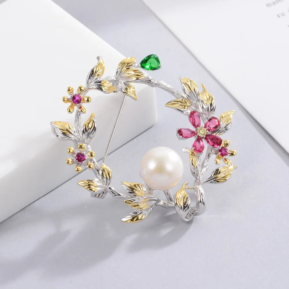 Freshwater Pearls Brooch CZ Garland Pins Vintage Style Fine Jewelry