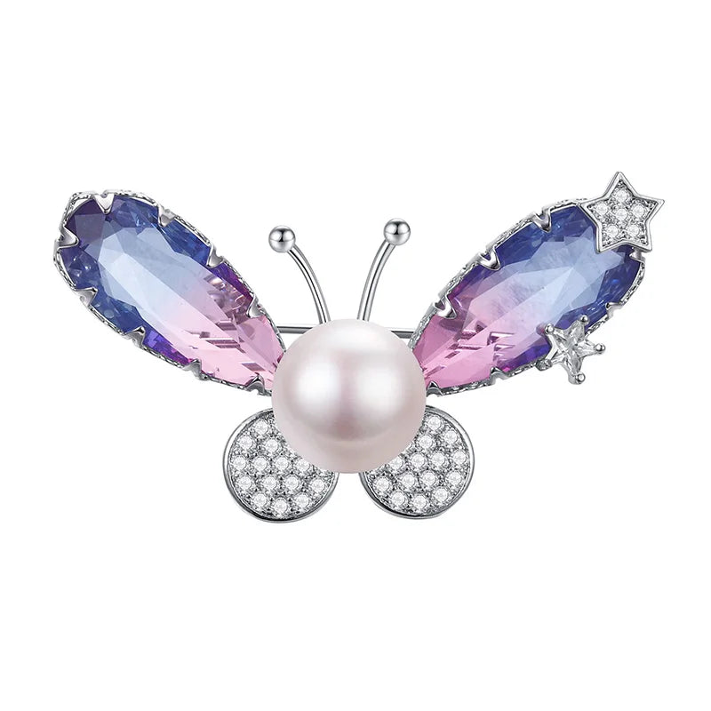 Natural Pearl Zircon Silver Brooch Wedding Jewelry