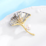 Ginkgo Leaf Pearl Brooch Zircon Coat Pin Party Jewelry Gift