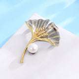 Ginkgo Leaf Pearl Brooch Zircon Coat Pin Party Jewelry Gift