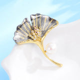 Ginkgo Leaf Pearl Brooch Zircon Coat Pin Party Jewelry Gift