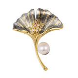 Ginkgo Leaf Pearl Brooch Zircon Coat Pin Party Jewelry Gift