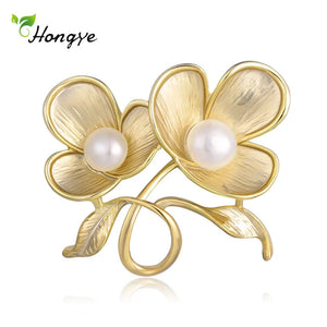 Copper Flower Pearl Brooch for Women Girl Party Jewelry
