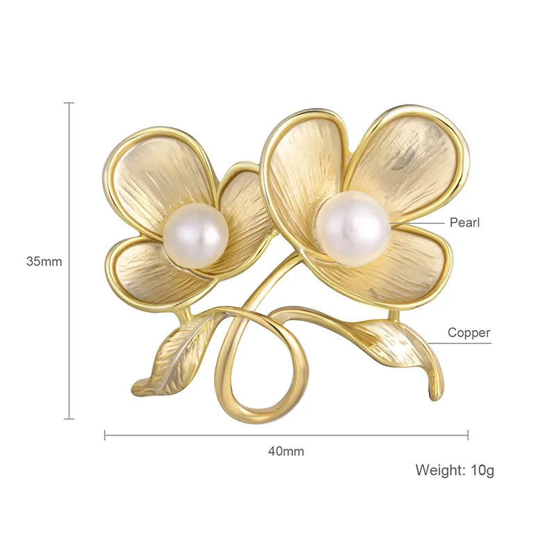 Copper Flower Pearl Brooch for Women Girl Party Jewelry