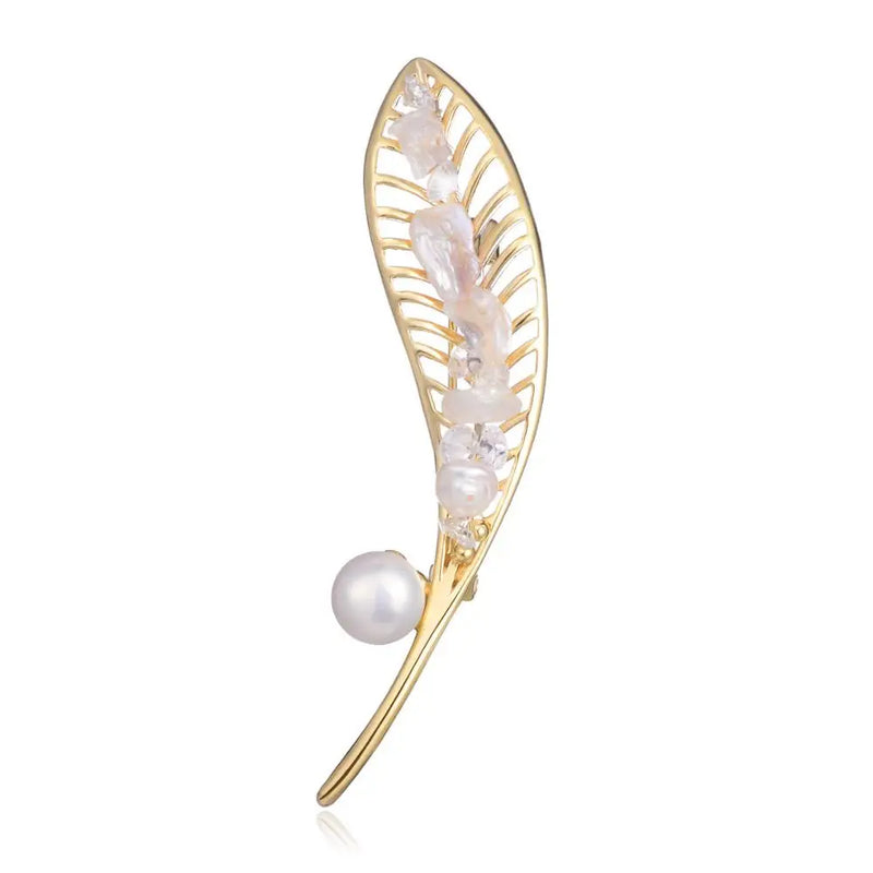 Vintage Freshwater Pearl Crystal Leaf Brooch
