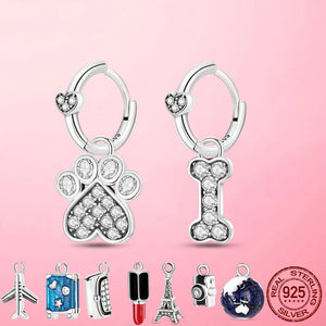 925 Silver Dog Paw & Travel CZ Earrings