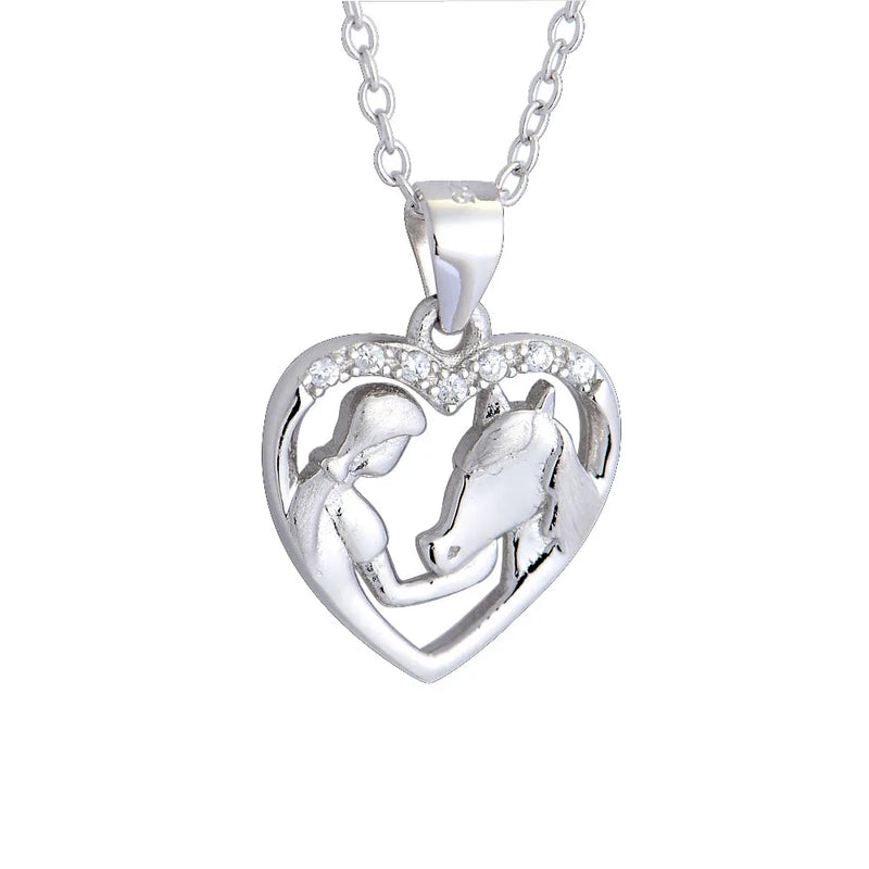 925 Silver Horse & Girl Pendant Necklace, Embrace Horse Gift