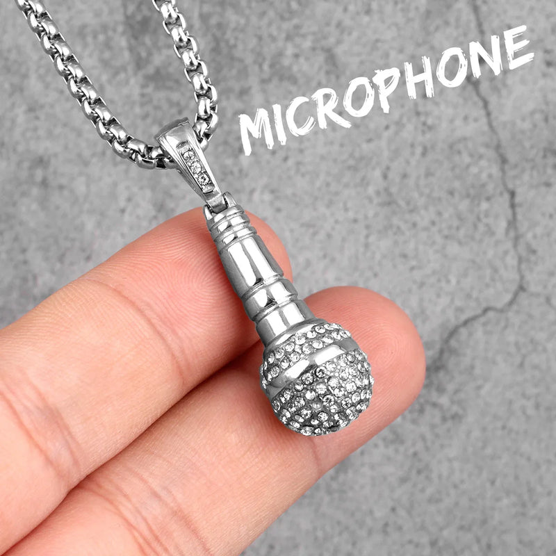 Singer Microphone Long Men Necklace Punk Stainless Steel Jewelry