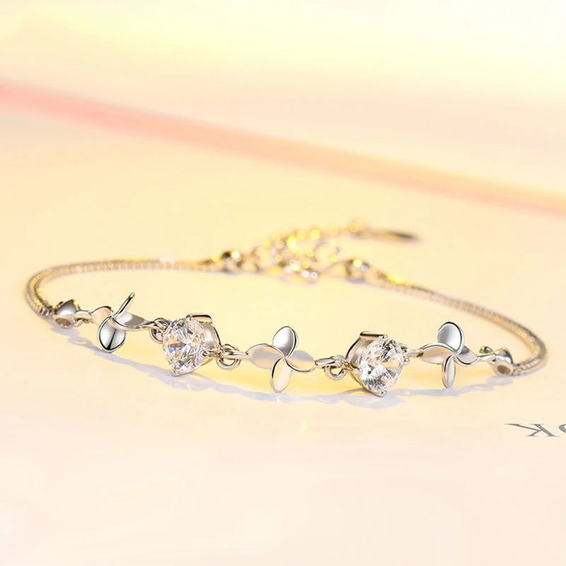 925 Sterling Silver Bracelet with Cubic Zircon Clover Plant Chain Jewelry