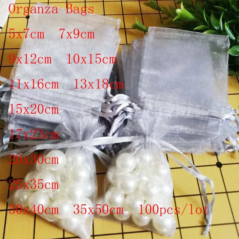 100 Pcs Gray Organza Gift Bags Wedding Jewelry Pouches Drawstring