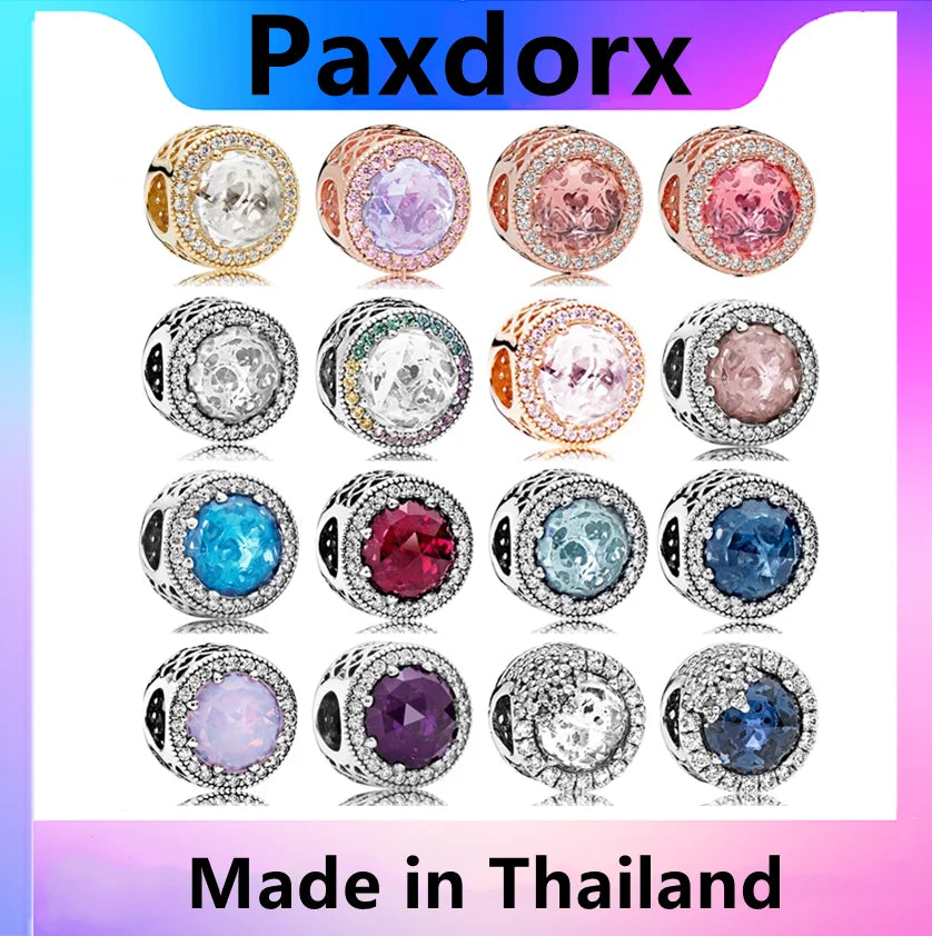 Real S925 Sterling Silver Round Multicolor Charms Beads Clear CZ Bracelet Set