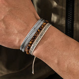 3Pcs 925 Silver Plate Cuff Bracelet Tiger Eye Beads Boho Lucky Knot Rope