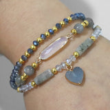 3Pcs Heart Charm Bracelet Set Crystal Beads Bangles Natural Stone Female