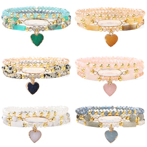 3Pcs Heart Charm Bracelet Set Crystal Beads Bangles Natural Stone Female