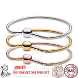 925 Silver Round Button Snake Bone Women's Bracelet