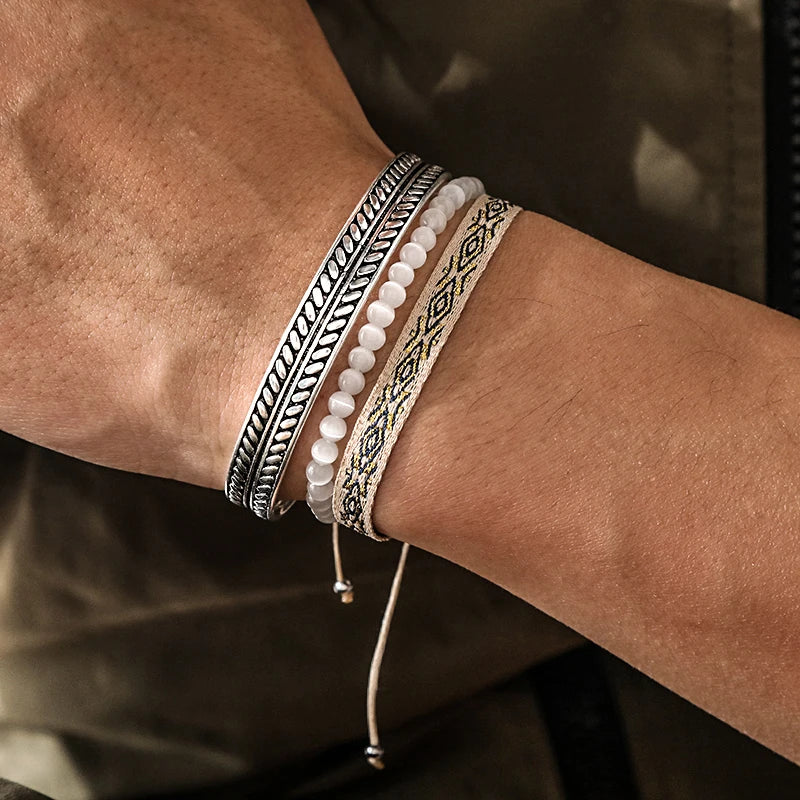 925 Silver Plated Cat's Eye Stone Cuff Bracelet Set