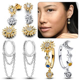 925 Silver Sun and Moon Hoop Earrings, Sparkling Star Party Wear