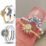 925 Silver Sun And Moon Sparkling Rings For Women, Female Star Ring Party