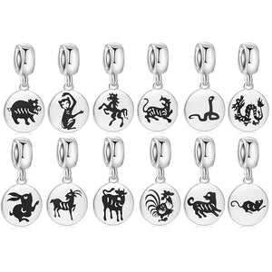 925 Sterling Silver 12 Chinese Zodiac Pig Pendants Beads for Bracelet