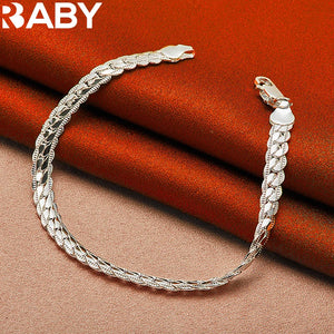 925 Silver 6mm Flat Side Chain Bracelet Wedding Party Charm Jewelry