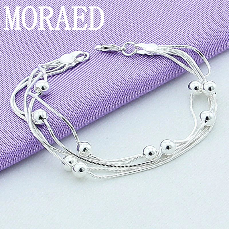 925 Silver Bracelet Snake Chain Round Beads Retro Wedding