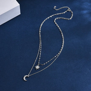 925 Silver Stars & Moon Choker Zircon Pendant Necklace Gift