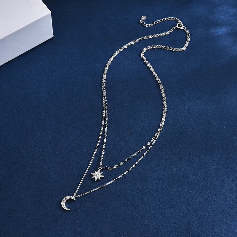 925 Silver Stars & Moon Choker Zircon Pendant Necklace Gift
