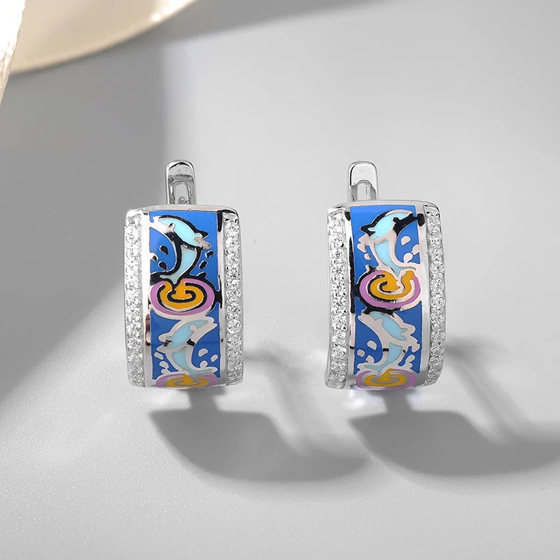 925 Silver Enamel Flower Stud Earrings Wedding Jewelry