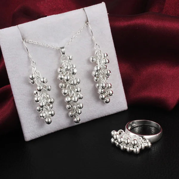 925 Silver Grape Pendant Earrings Ring Necklace Set