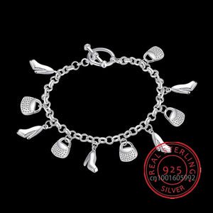 925 Silver High-heeled Shoes Bag Charms Bracelets Fine Jewelry