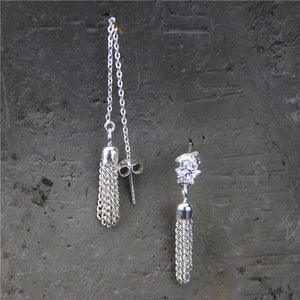 925 Silver Long & Short Tassel Dangle Earrings Asymmetrical Drop Earrings