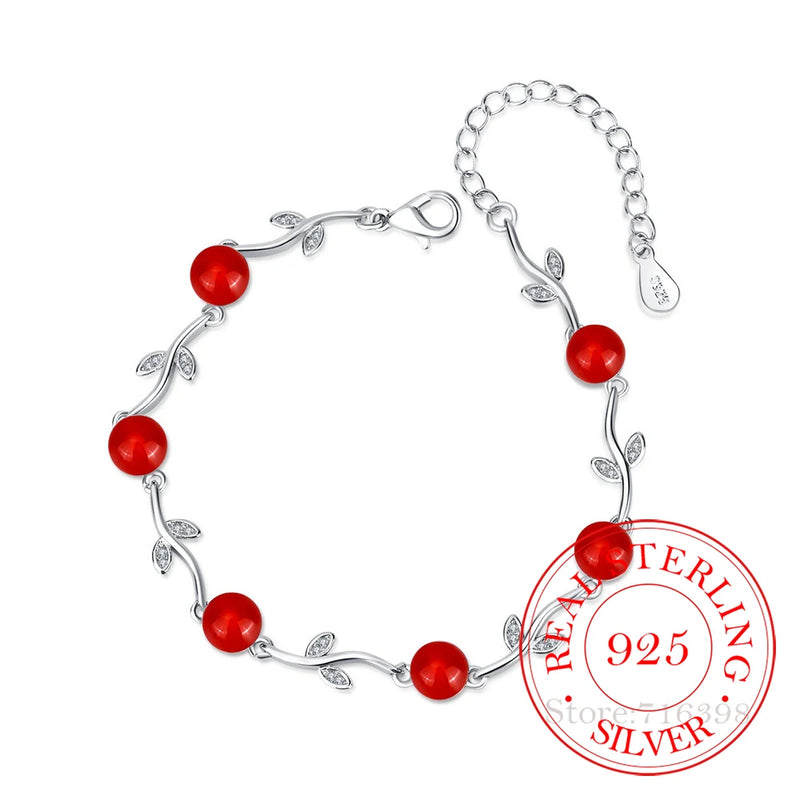 925 Silver Zircon Tree Leaves Crystal Red Charm Bracelet Women's Gift