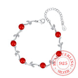 925 Silver Zircon Tree Leaves Crystal Red Charm Bracelet Women's Gift