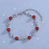 925 Silver Zircon Tree Leaves Crystal Red Charm Bracelet Women's Gift
