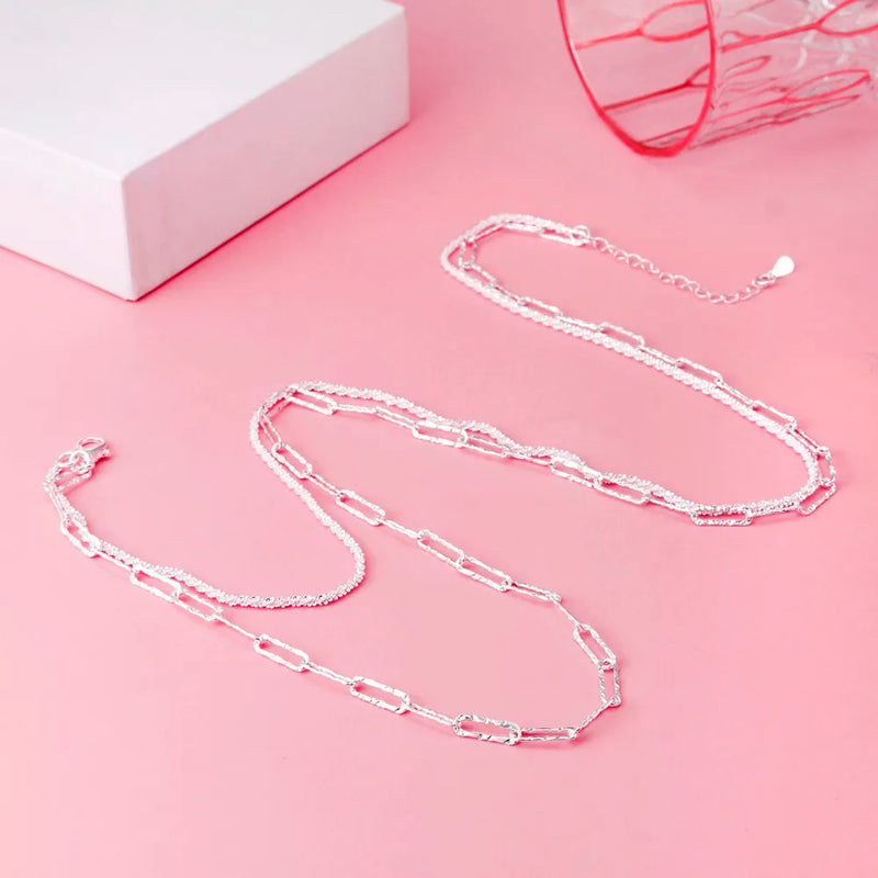 925 Silver Double Geometric Chain Necklace Women Wedding Jewelry