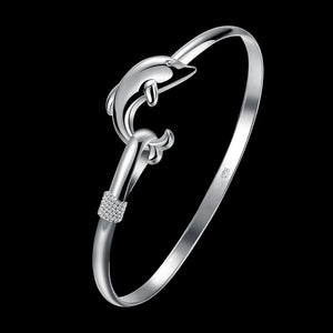 925 Sterling Silver Dolphin Bangle Cuff Bracelet for Women