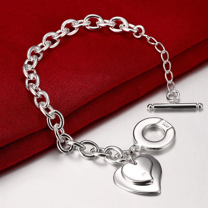 925 Sterling Silver Heart Pendant Bracelet Romantic Jewelry