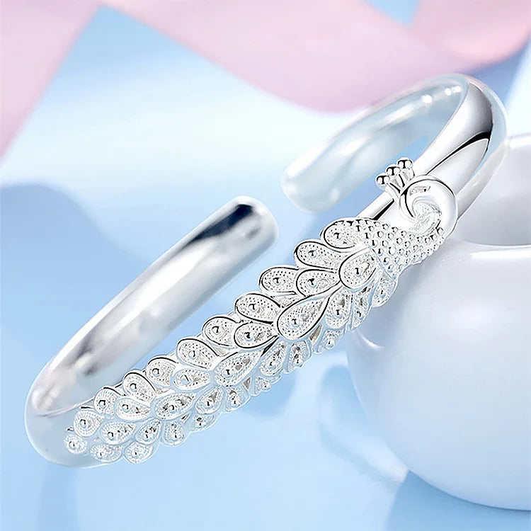 925 Silver Peacock Opening Bracelet Bangle for Women Wedding