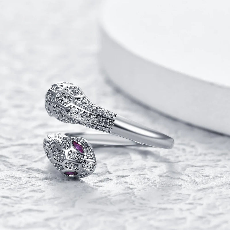 Adjustable 925 Stamp Ring Platinum Zircon Snake Animal Jewelry