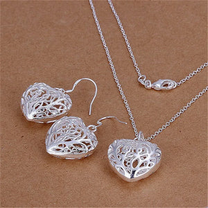 925 Silver Heart Necklace Earrings Set For Women