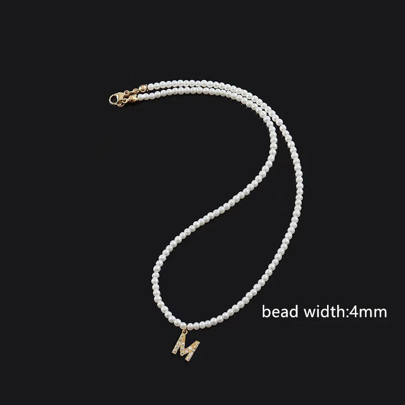Classic CZ Initial Pendant Necklace with Pearl Bead for Women