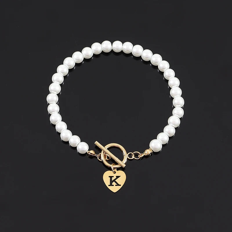 Classic Heart Initial Letter Bracelet Women Toggle Clasps Bead Bracelet