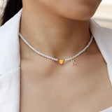 Classic Initial Heart Pendant Necklace Pearl Bead Women Gift