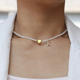 Classic Initial Heart Pendant Necklace Pearl Bead Women Gift